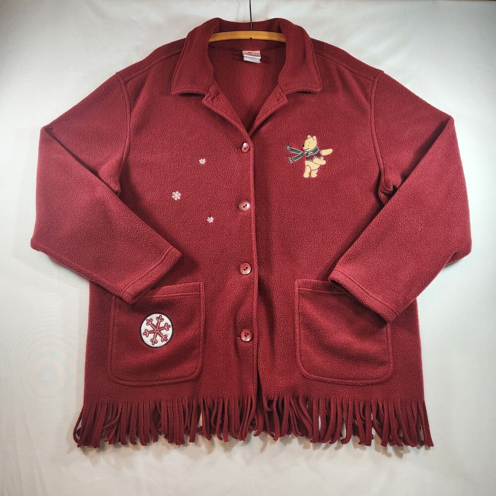 The Disney Store Winnie the Pooh Red Fleece Jacket Coat Womens Size XL Fringe